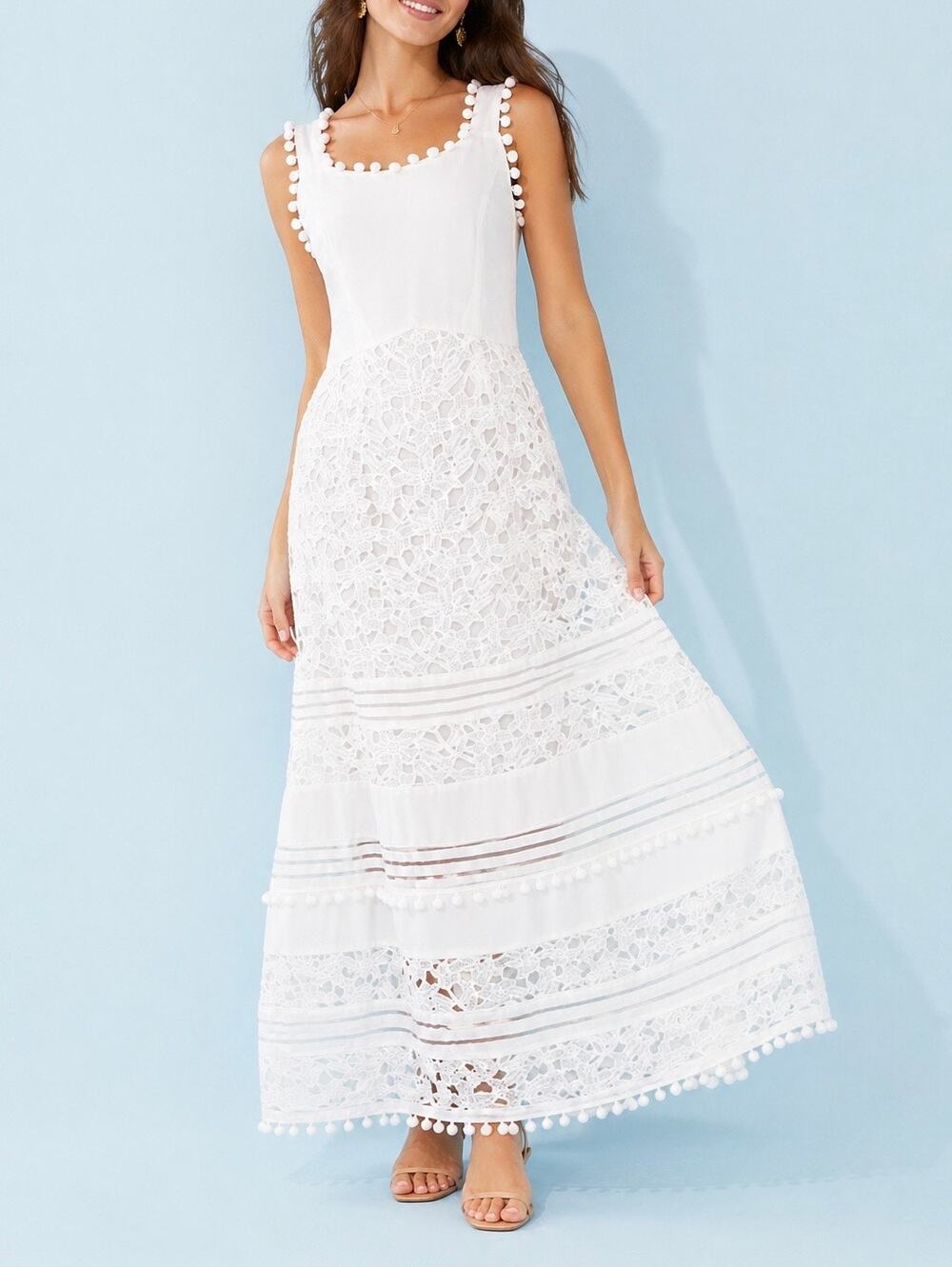 DETI White Lace Pom Pom Boho Resort Maxi Dress Size Medium